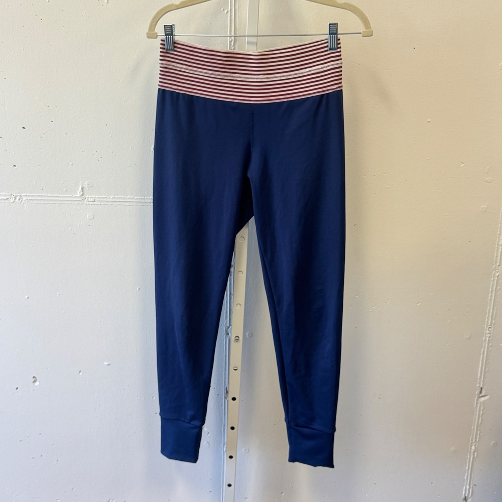Olympia Activewear Navy Blue Striped Waistband Leggings Size Large Athleisure